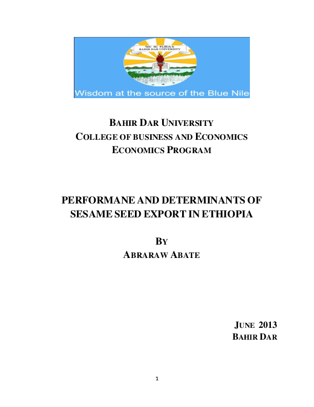 (DOC) Performance and determinants of sesame seed export in Ethiopia. Abraraw Abate Academia.edu