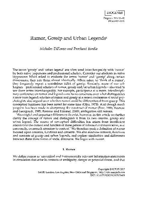 (PDF) Rumor, Gossip and Urban Legends