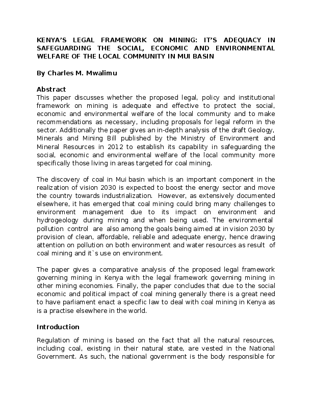 (DOC) KENYA’S LEGAL FRAMEWORK ON MINING IT’S ADEQUACY IN SAFEGUARDING