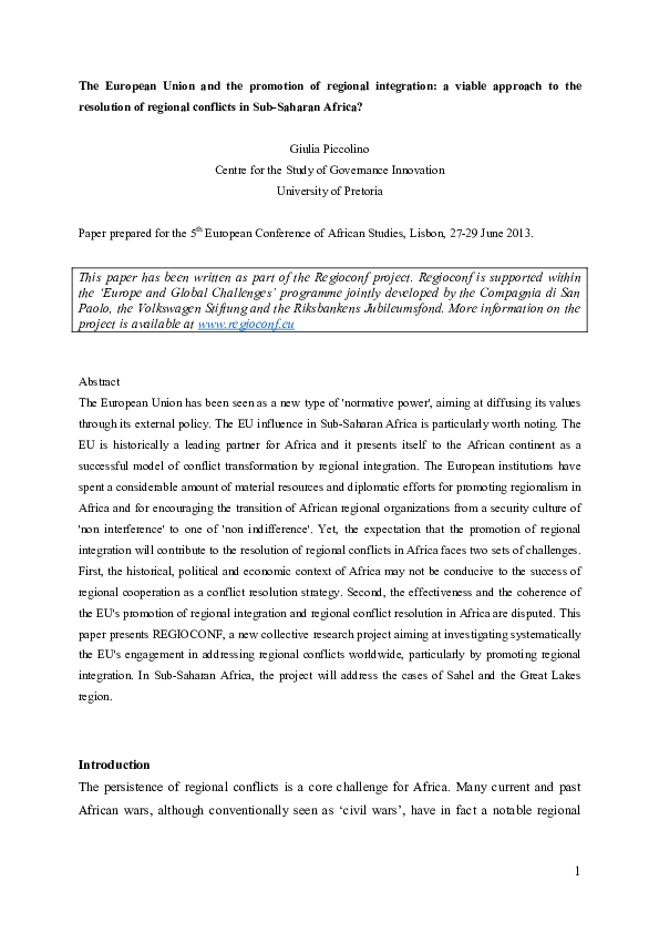 (PDF) The European Union and the promotion of regional integration: a ...