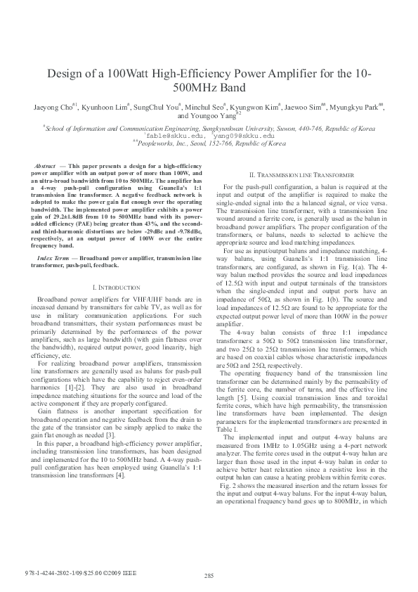 (PDF) Design of a 100Watt High Efficiency Power Amplifier for the 10 500MHz