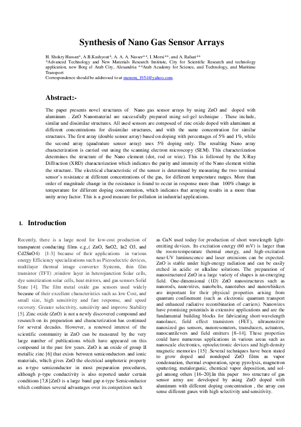 (PDF) Synthesis of Nano Gas Sensor Arrays