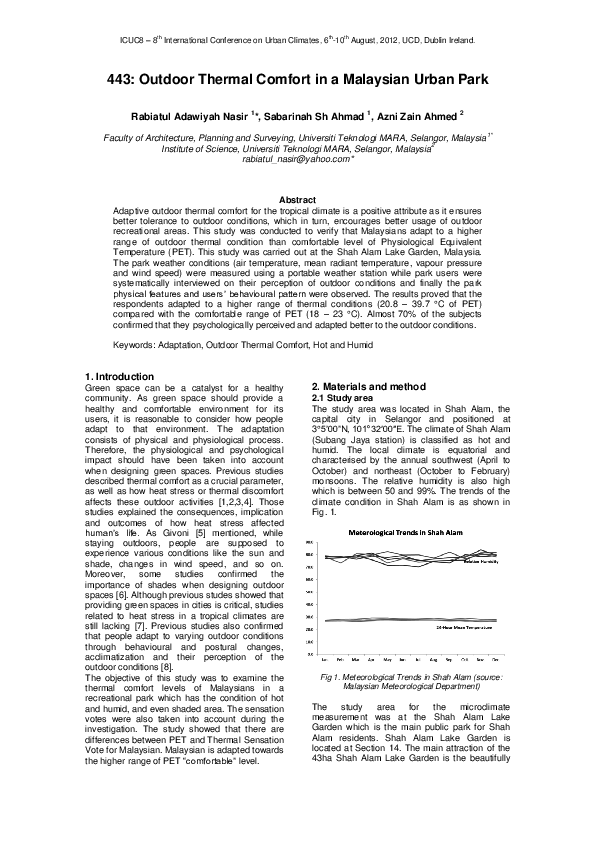 (PDF) Outdoor Thermal Comfort in a Malaysian Urban Park