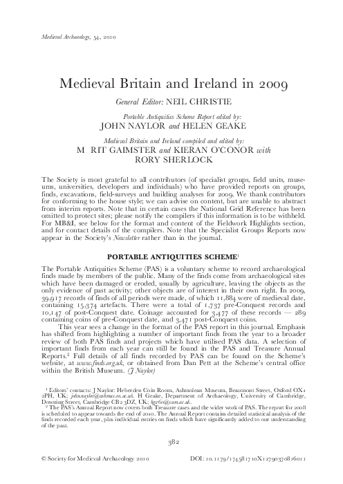'Portable Antiquities Scheme', in N. Christie (ed) 'Medieval Britain and Ireland 2009', Medieval Archaeology 54, 382-429.