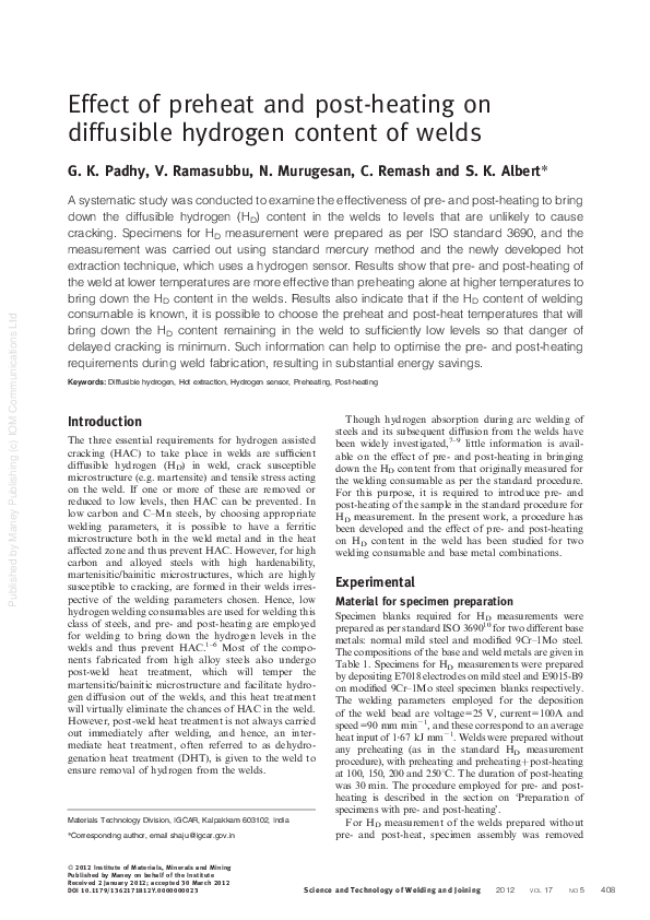 (PDF) Effect of preheat and post heating on diffusible hydrogen content ...