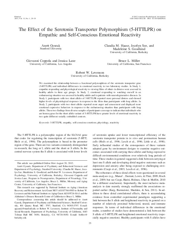 (PDF) The effect of the serotonin transporter (5-HTTLPR) polymorphism ...