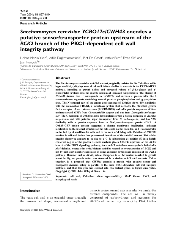 (PDF) Saccharomyces cerevisiae YCRO17c/CWH43 encodes a putative sensor ...