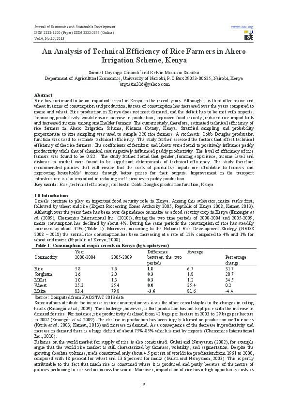 (PDF) An Analysis of Technical Efficiency of Rice Farmers in Ahero ...