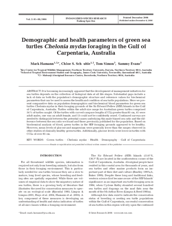 (PDF) Demographic and health parameters of green sea turtles Chelonia ...