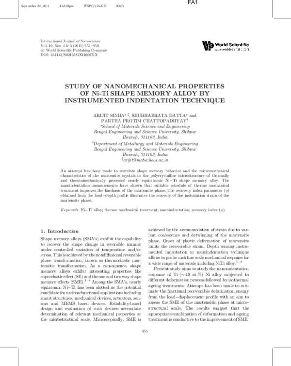 (PDF) STUDY OF NANOMECHANICAL PROPERTIES OF NiTi SHAPE MEMORY ALLOY BY