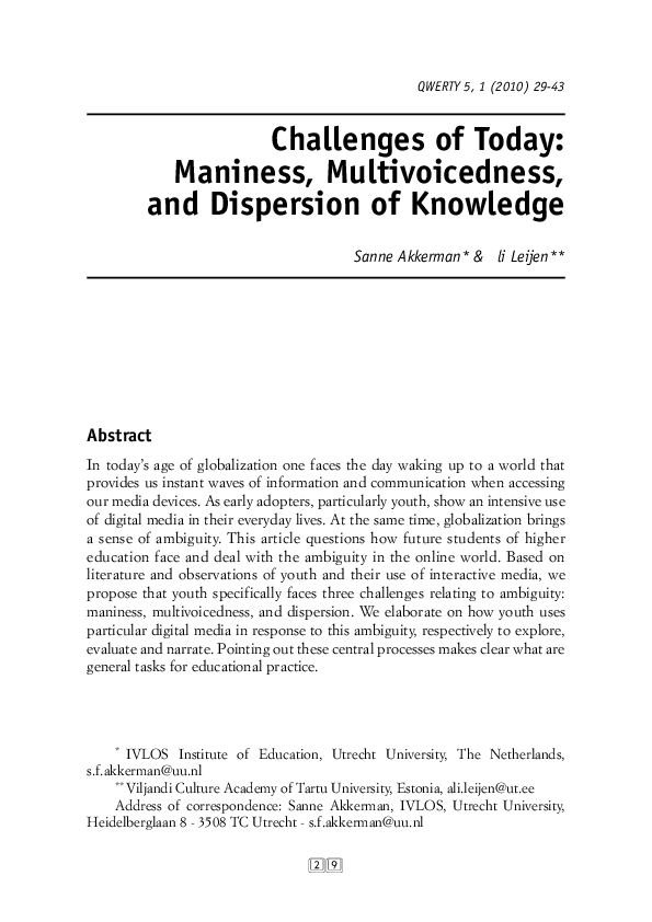 Pdf 3 Challenges Of Today Maniness Multivoicedness And Dispersion Of Knowledge Ali Leijen Academia Edu