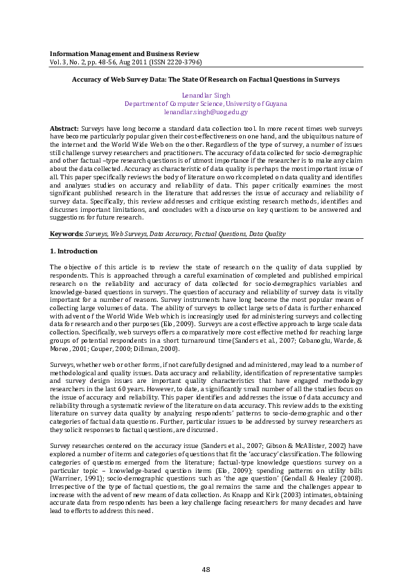 Accuracy of Web Survey Data: The State Of Research on Factual Questions in Surveys