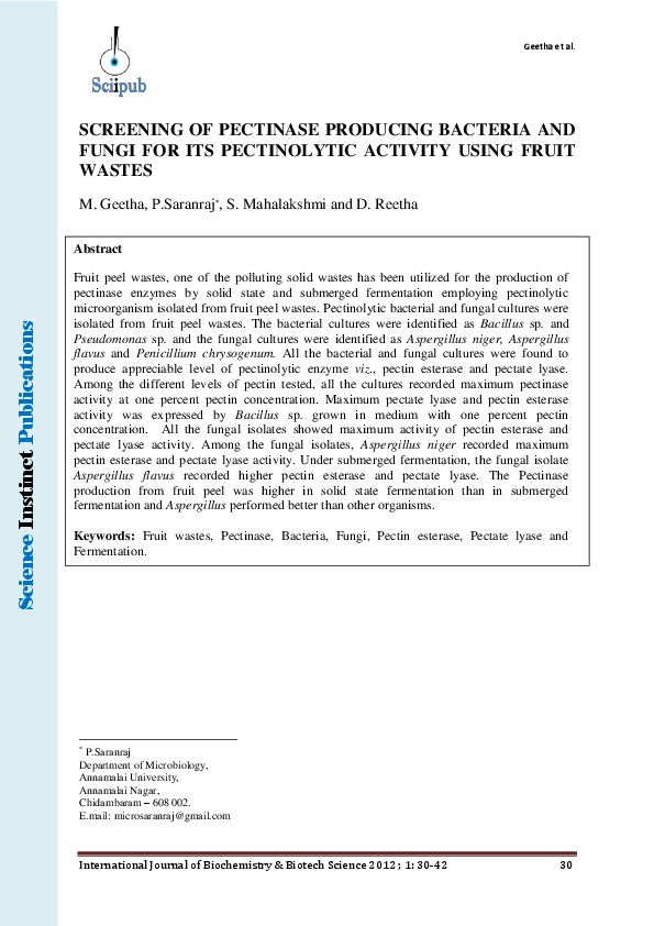 (PDF) SCREENING OF PECTINASE PRODUCING BACTERIA AND FUNGI FOR ITS