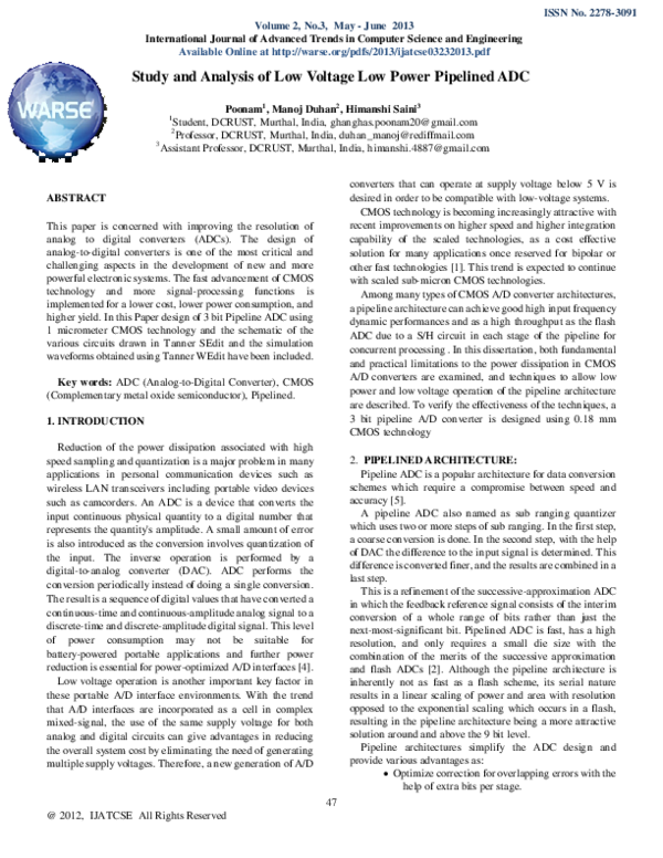 (PDF) Study and Analysis of Low Voltage Low Power Pipelined ADC