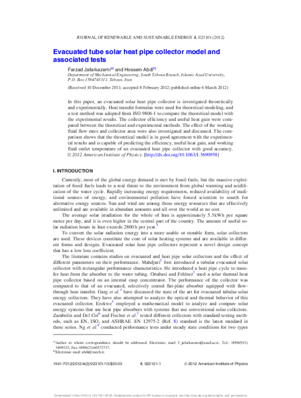 (PDF) Evacuated tube solar heat pipe collector model and associated tests