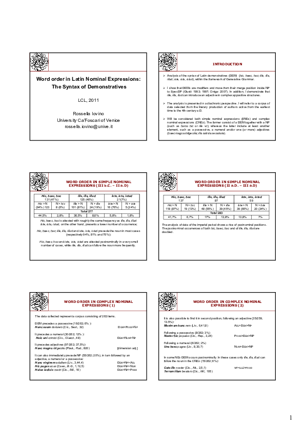 (PDF) Word order in Latin Nominal Expressions: The Syntax of Demonstratives