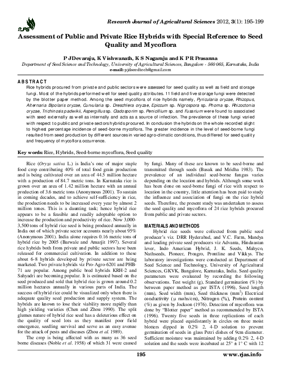 Pdf Assessment Of Public And Private Rice Hybrids With Special Reference To Seed Quality And Mycoflora Vishwanath Koti Academia Edu