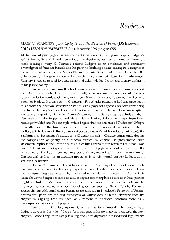 Mary C. Flannery, John Lydgate and the Poetics of Fame