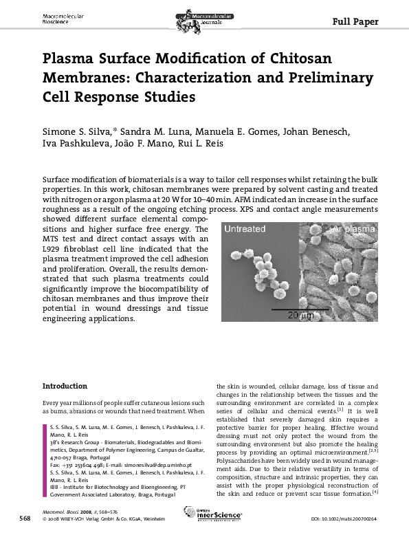 (PDF) Plasma surface modification of chitosan membranes ...