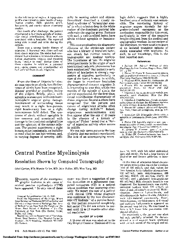 Pdf Central Pontine Myelinolysis Resolution Shown By Computed Tomography John W Stiller Academia Edu