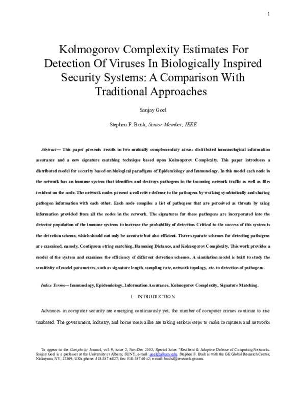 (PDF) Kolmogorov Complexity Estimates For Detection Of Viruses In
