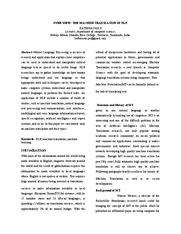 (DOC) OVER VIEW- THE MACHINE TRANSLATION IN NLP