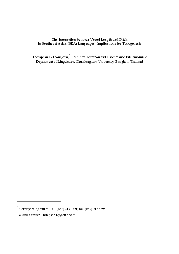 (PDF) Tonogenesis and vowel length/ Co. with Theraphan L-Thongkum and ...