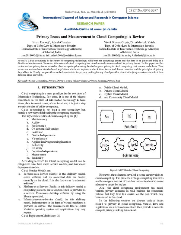 (PDF) Privacy Issues and Measurement in Cloud Computing A Review