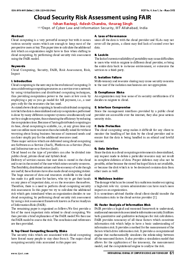 (PDF) cloud security risk assessment using FAIR