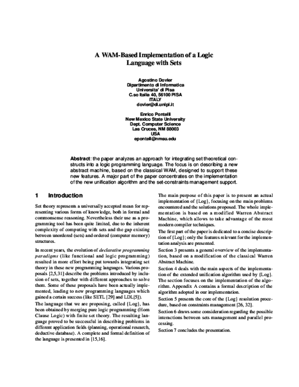 (PDF) A WAM-based implementation of a logic language with sets