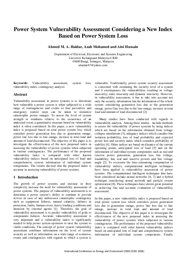 (PDF) Power System Vulnerability Assessment Considering a New Index ...