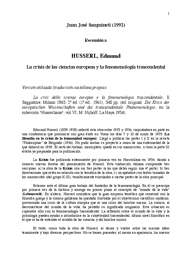 (PDF) Husserl. La crisis de las ciencias europeas y la fenomenología
