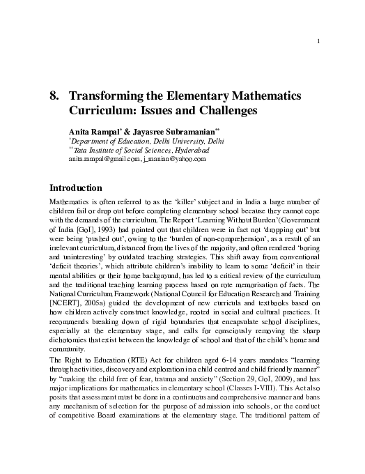 (PDF) Transforming the Elementary Math Curr in India: Issues and Challenges