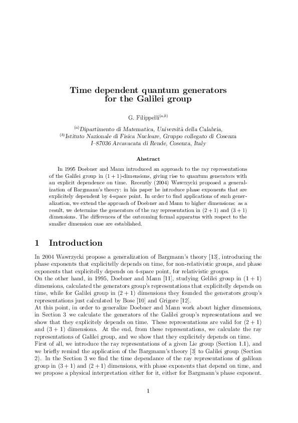 (PDF) Time dependent quantum generators for the Galilei group