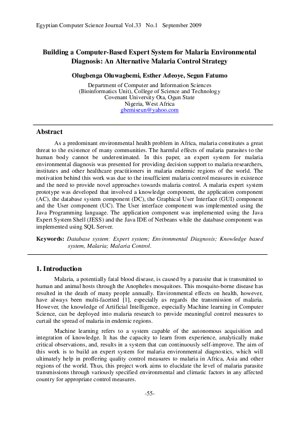 (PDF) Building a Computer-Based Expert System for Malaria Environmental ...