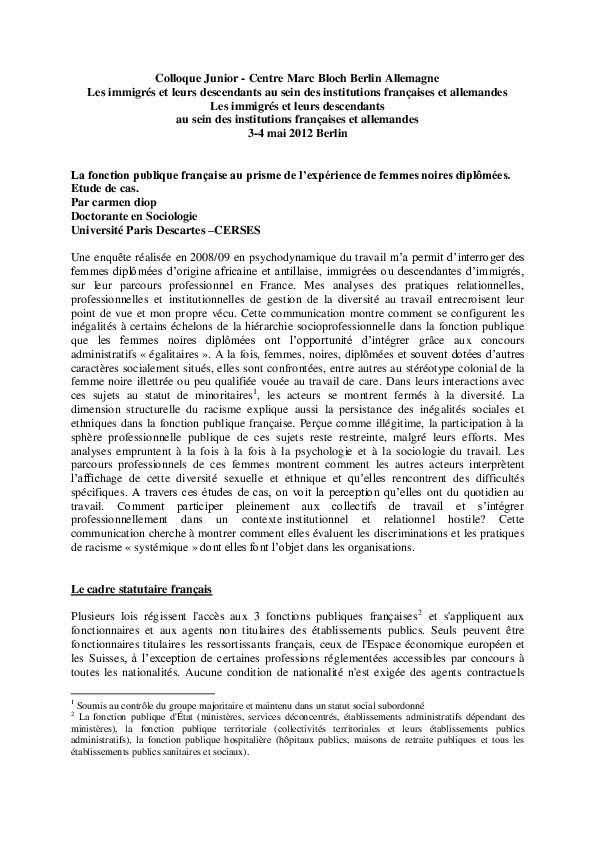 « La fonction publique française au prisme de l’expérience de femmes noires diplômées. Etude de cas »