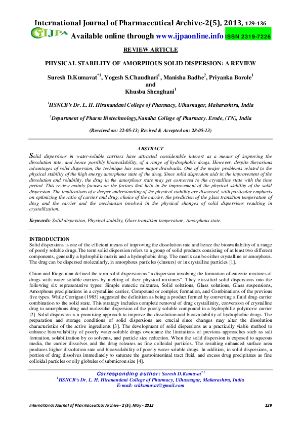 (PDF) PHYSICAL STABILITY OF AMORPHOUS SOLID DISPERSION A REVIEW