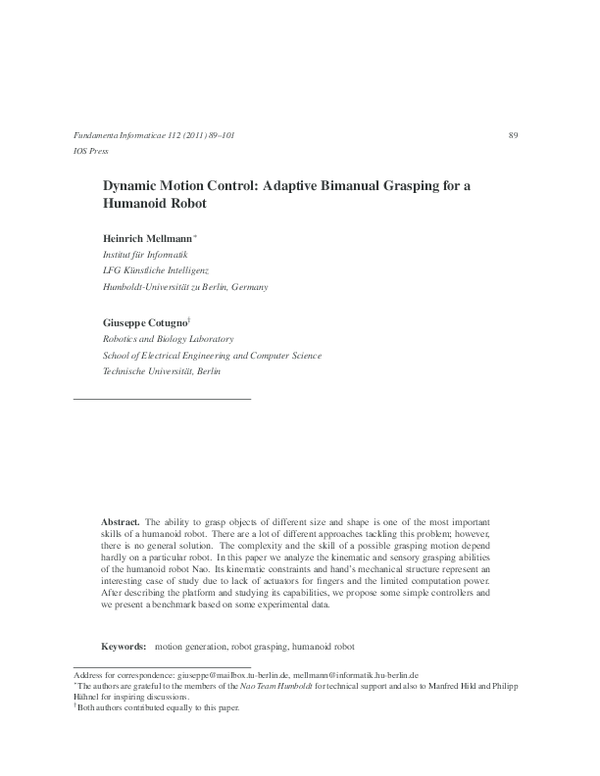 (PDF) Dynamic Motion Control: Adaptive Bimanual Grasping for a Humanoid ...