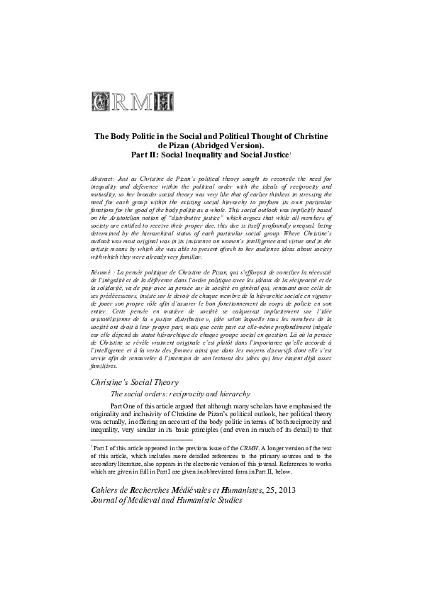 The Body Politic in the Social and Political Thought of Christine de Pizan (Abridged Version, Part II: Social Inequality and Social Justice)