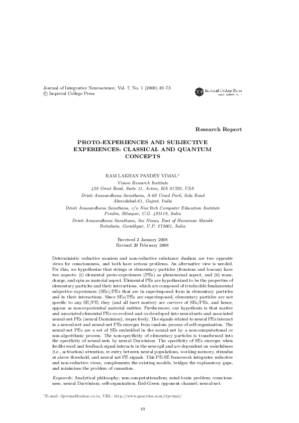 Proto-experiences and Subjective Experiences: Classical and Quantum Concepts