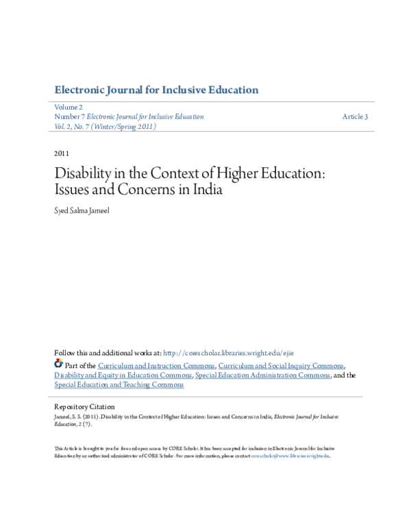 (PDF) Disability in the Context of Higher Education: Issues and ...