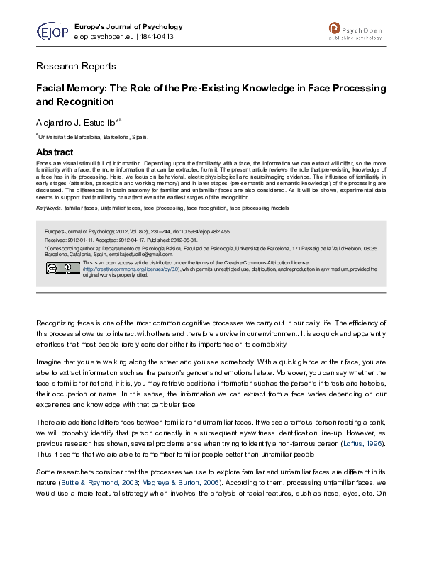 (PDF) Facial Memory: The Role of the Pre-Existing Knowledge in Face ...