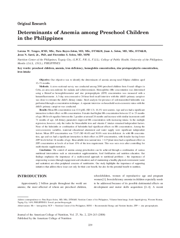 (PDF) Determinants of Anemia among Preschool Children in the ...