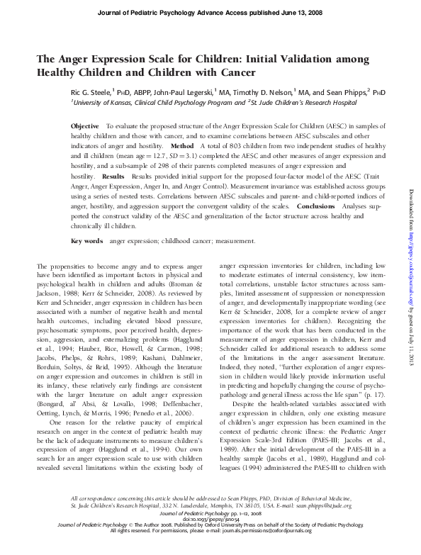 (PDF) The Anger Expression Scale for Children: Initial Validation among ...