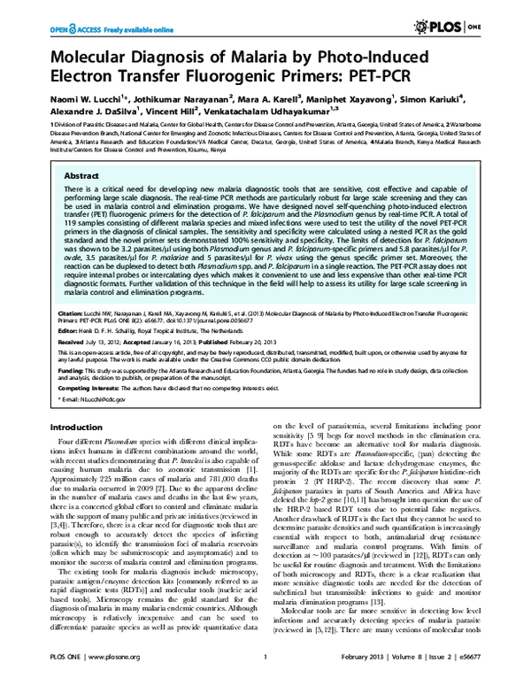(PDF) Molecular Diagnosis of Malaria by PhotoInduced Electron Transfer