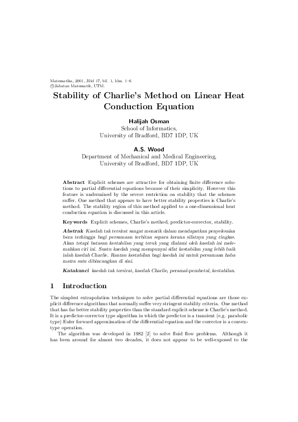 (PDF) Stability of Charlie's Method on Linear Heat Conduction Equation