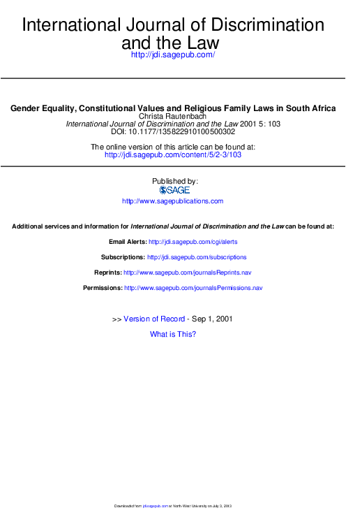 (PDF) Gender Equality, Constitutional Values and Religious Family Laws ...