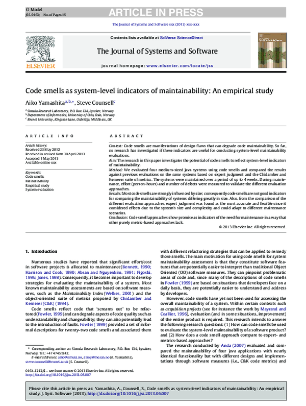 (PDF) Code smells as system-level indicators of maintainability: An ...