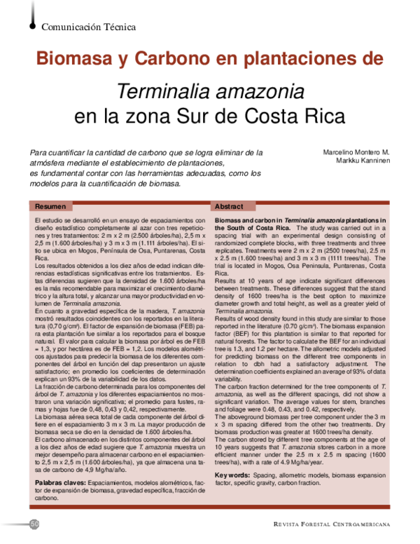 PDF) Biomasa y Carbono en plantaciones de Terminalia amazonia en 
