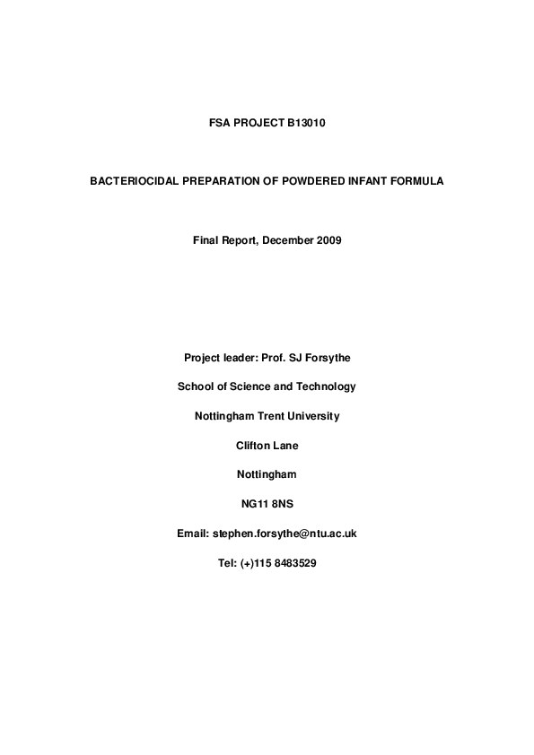 (PDF) FSA (UK) Bacteriocidal preparation of infant formula Stephen Forsythe Academia.edu